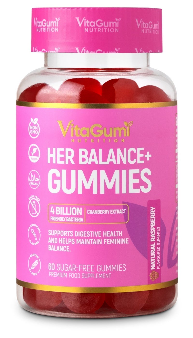 VitaGumi Nutrition HerBalance+ Gummies for Women | With 4 Billion CFU Probiotics & 170mg Cranberry Extract | Gut & Intimate Flora Support | 60 Vegan, Halal, Gluten-free Gummies | Delicious Natural Raspberry Flavour | 1 Month Supply - Image 1